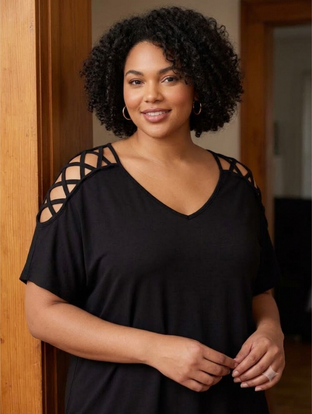 Wishful Park Plus Size Criss Cross Cut Out Lattice Shoulder and  Sleeve Top